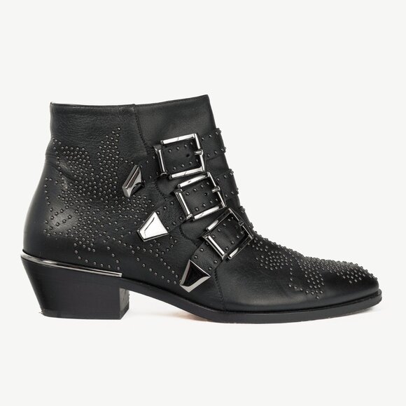 Chloe Susanna Black Studded Buckle Biker Ankle Boots - Picture 1 of 12
